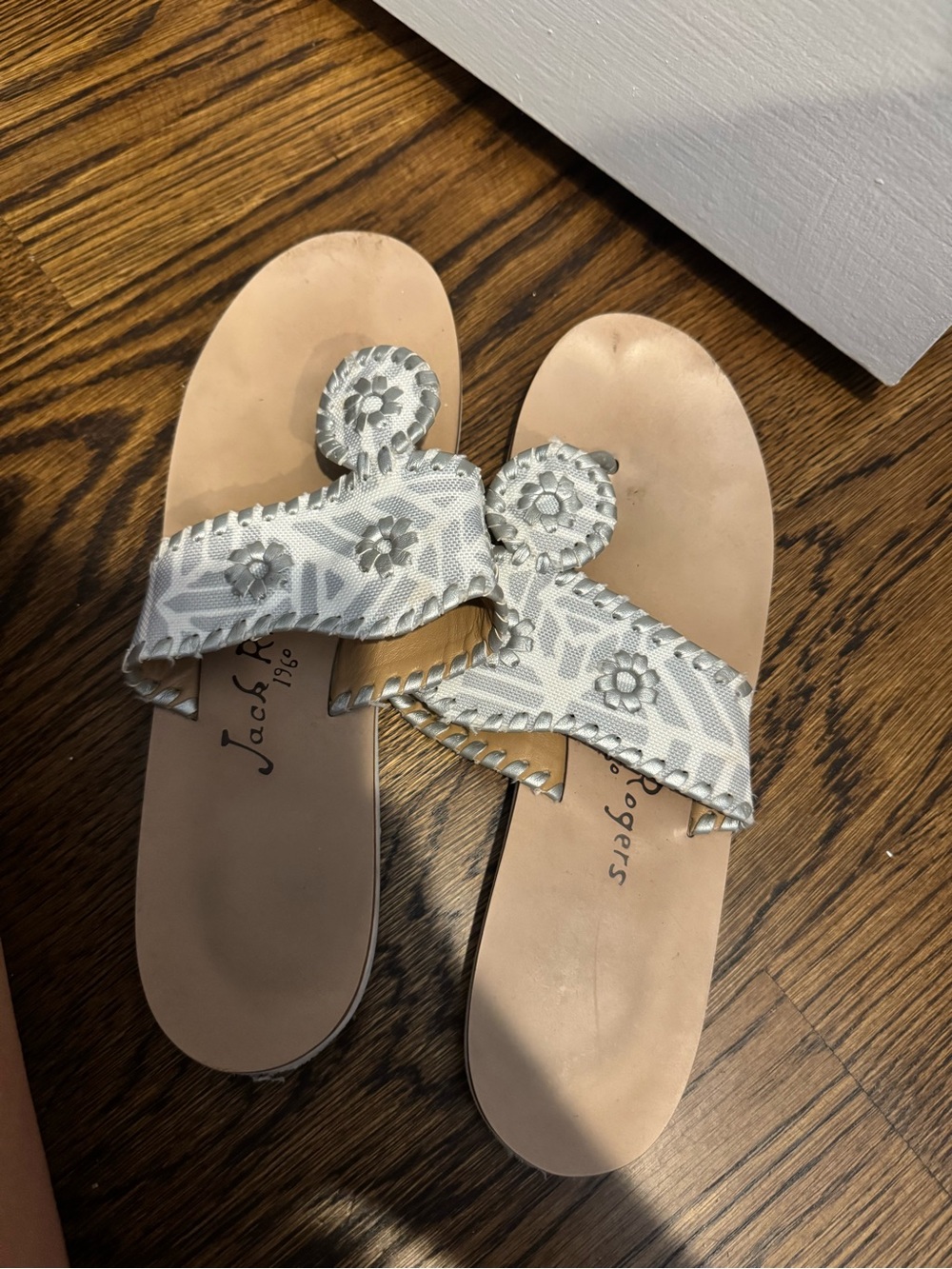 Jack Rogers White and Silver Patterned Leather Slide Sandals
